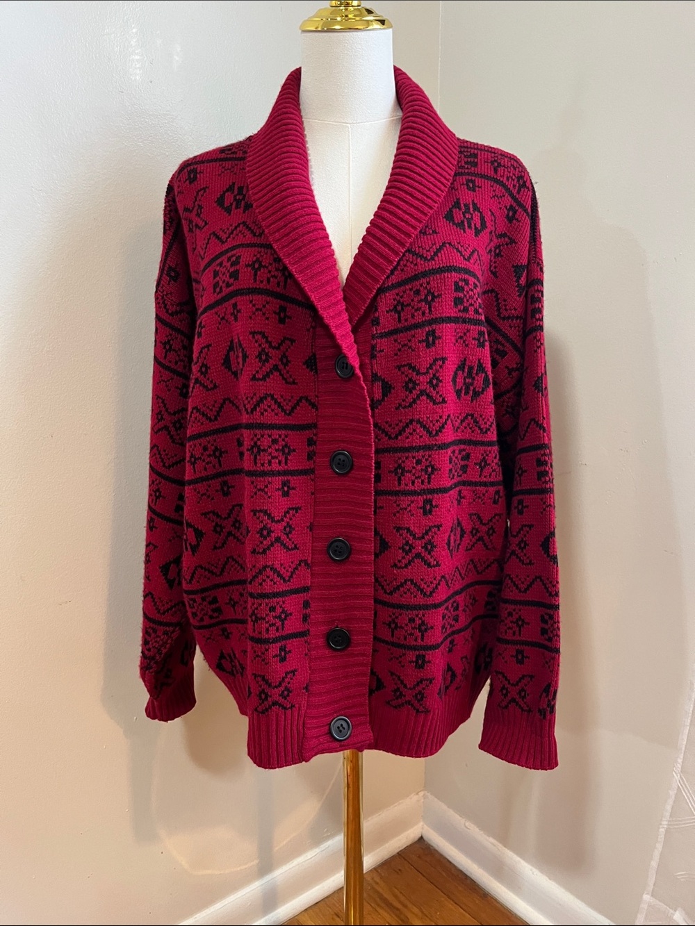 Cozy Shawl-Collar Cardigan Sweater in Berry and Black